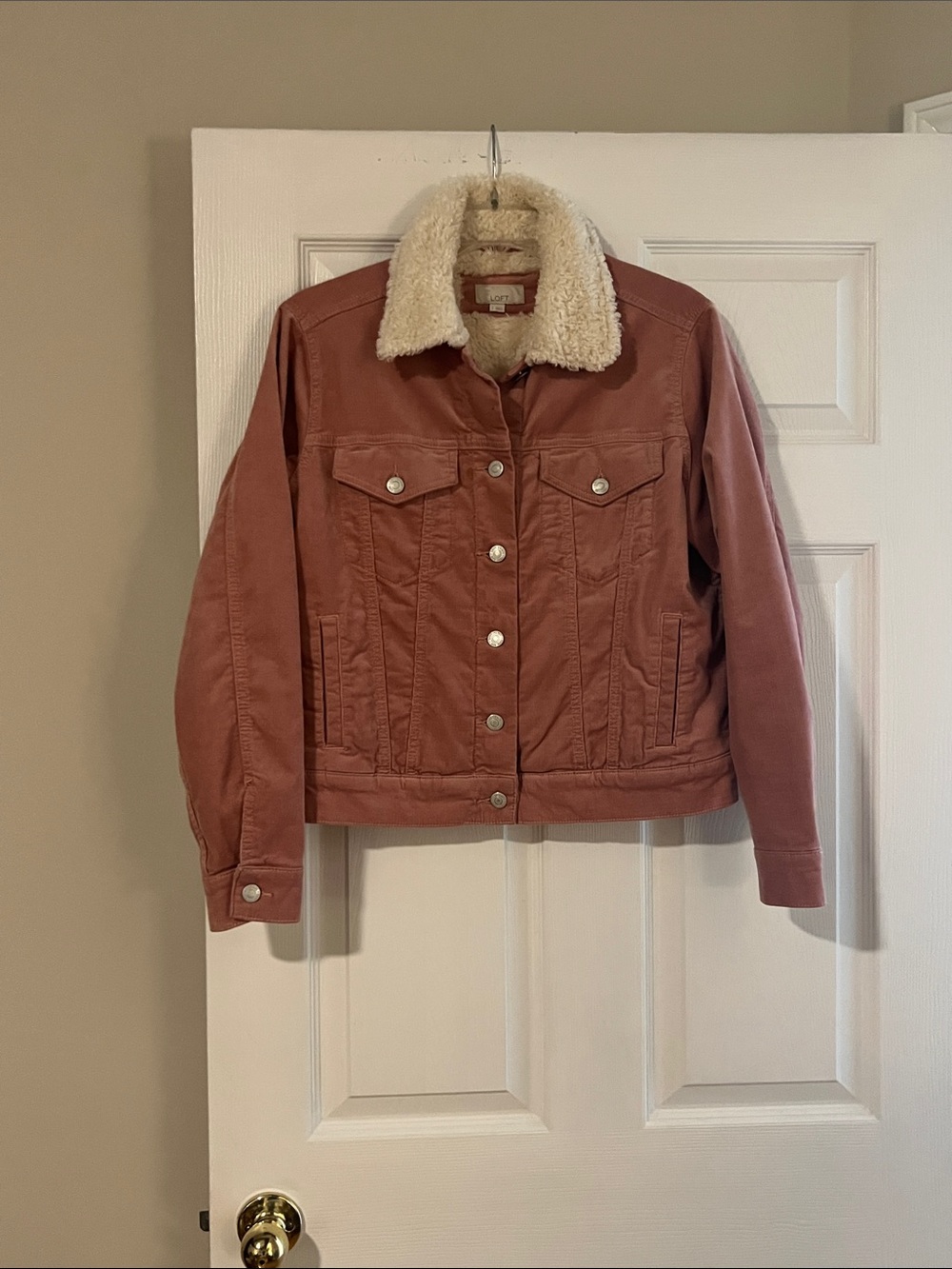 LOFT Dusty Rose Jean Jacket with Cream Sherpa Collar